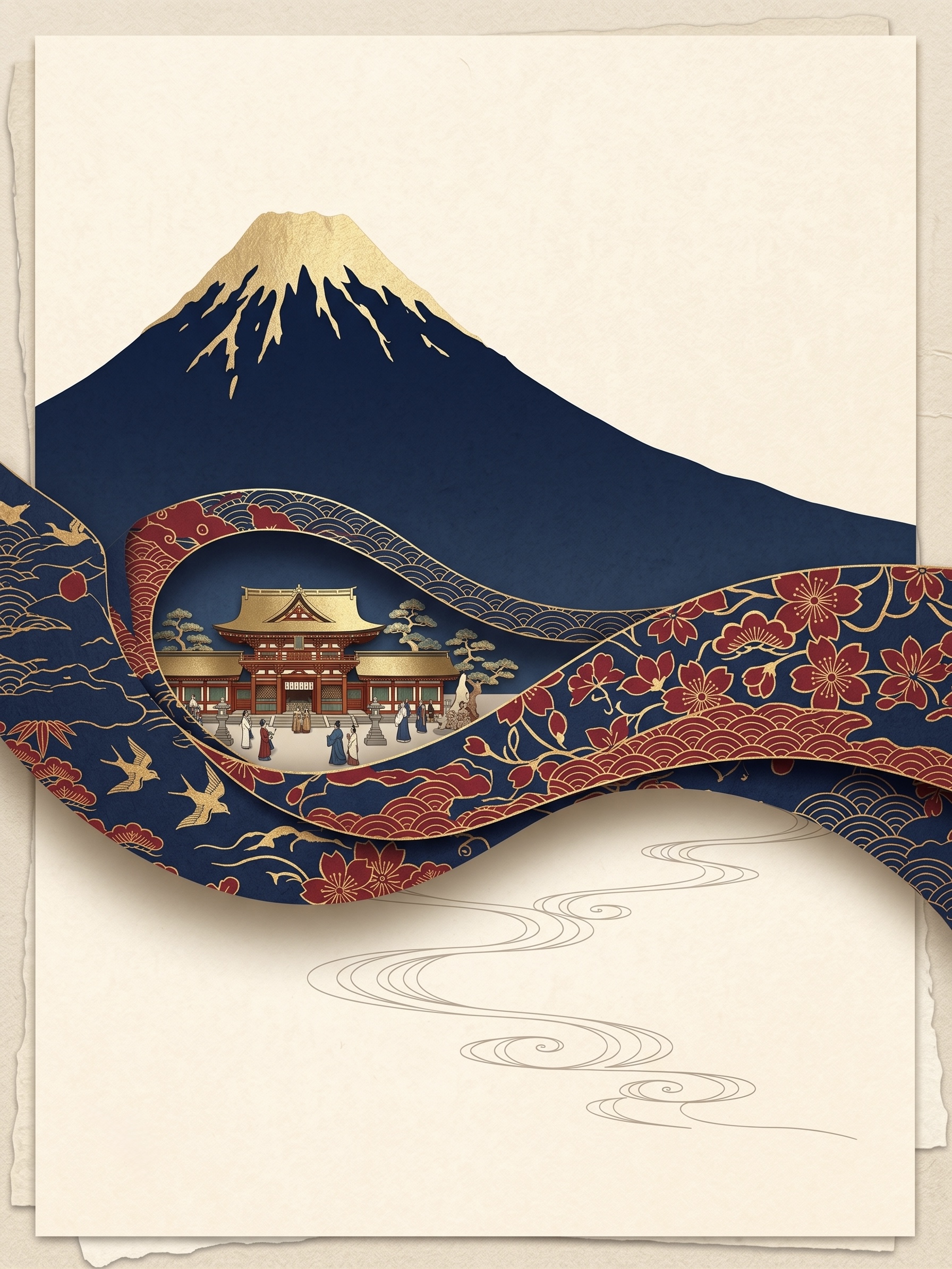 金の山頂をもつ藍色の富士山と、文様の帯の中に描かれた神社に集う人々